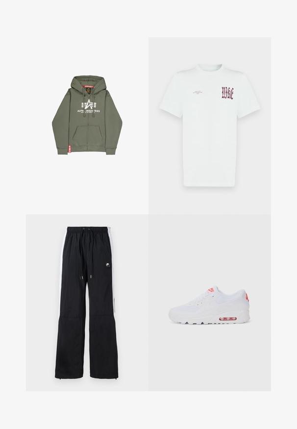 Olivgrön zip-up hoodie i bomullsblandningsmaterial. Har en framficka, vit tryckt logotyp och en röd accentetikett på fållen.; Vit bomulls-T-shirt med röd "NIKE"-grafik och text på vänster bröst. Korta ärmar och rundhalsad design, slät textur.; Svarta sportbyxor med elastisk midja, vita sidostråk, dragkedja vid bensluten och en gummilogo detalj fram.; Vit atletisk sneaker med en slät överdel, snörning, vadderad sula och en synlig luftenhet med röda detaljer på varumärket.