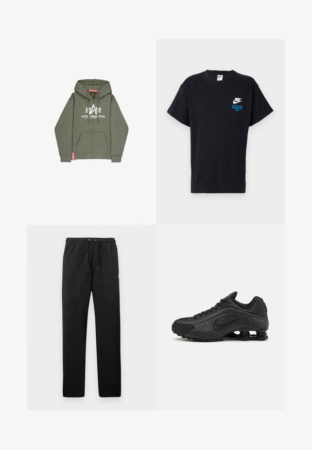 Olive green zip-up hoodie made of cotton blend material. Features a front pocket, white printed logo, and red accent label on the hem.; Black cotton t-shirt with short sleeves, featuring white Nike logo and blue "AUTHORIZED PERSONNEL ONLY" text on the front.; Black sweatpants made of fleece, featuring an elastic waistband with drawstrings, two front pockets, and a small logo on the thigh.; Black running shoes featuring a smooth synthetic upper, perforated accents, textured side panels, and a distinct springy sole.