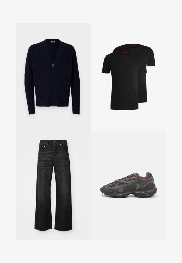 Cárdigan de canalé azul marino con cierre delantero, escote en V y dos bolsillos frontales. Cuenta con mangas largas y tela texturizada.; Dos camisetas de algodón negras con mangas cortas y cuello redondo. Ambas presentan una etiqueta de marca roja en el cuello. Diseño simple y clásico.; Jeans de mezclilla negros de pierna ancha con una textura suave, diseño clásico de cinco bolsillos y herrajes plateados. Presentan un ligero desgaste a lo largo de la tela.; Zapatillas Lacoste en gris oscuro con material de malla y sintético, que cuentan con una suela texturizada y detalles en marrón en el cuello y la marca.