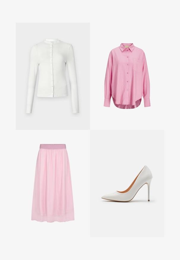 White long-sleeve ribbed cardigan with a round neckline and a row of small, matching buttons down the front. Soft texture, slim fit.; Light pink button-up shirt with a collared neckline, long sleeves, single chest pocket, and a slightly curved hem. Fabric appears soft.; Pink tulle skirt with a soft, sheer design. Features an elastic waistband and flowing silhouette, creating a layered effect.; White patent leather high-heeled pump with a pointed toe and slender stiletto heel, featuring a smooth texture and a beige interior.
