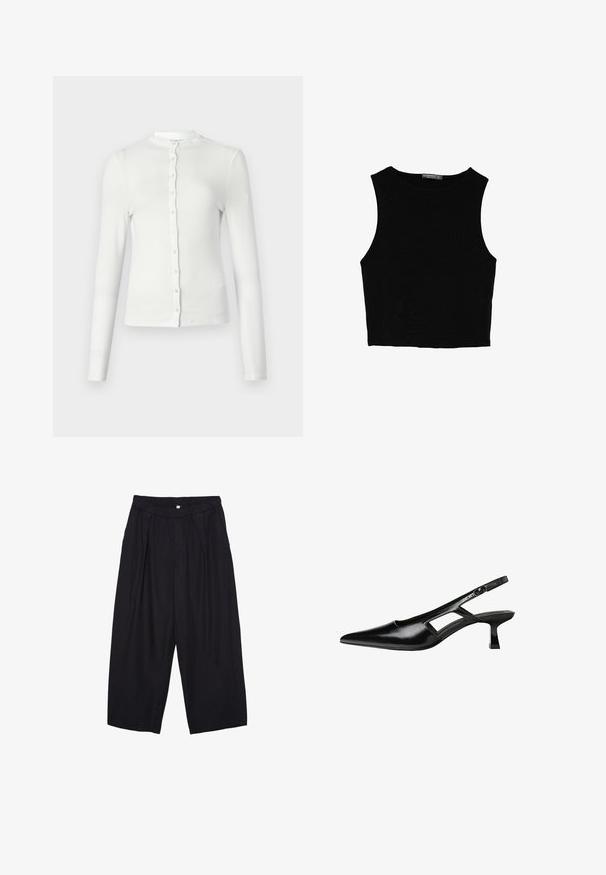 White long-sleeve ribbed cardigan with a round neckline and a row of small, matching buttons down the front. Soft texture, slim fit.; Black sleeveless crop top made of smooth fabric, featuring a round neck and a clean, simple design without patterns or hardware.; Black polyester culotte pants with an elastic waistband, two front pleats, and a loose silhouette. No visible patterns or hardware details.; Black patent leather slingback heels with a pointed toe, cut-out side design, and a small square heel. Smooth texture with minimal accents.