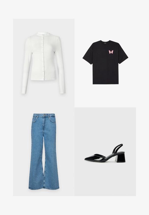 Cardigan long à manches longues blanc en maille côtelée avec un col rond et une rangée de petits boutons assortis sur le devant. Texture douce, coupe ajustée.; T-shirt en coton noir à manches courtes, avec un petit graphique de papillon rose sur la poitrine gauche. Modèle à col rond avec une coupe décontractée.; Jean flare bleu clair en denim, avec une taille haute, cinq poches et une fermeture à un bouton. Texture douce avec une finition décolorée.; Escarpins en cuir verni noir avec bout pointu et talon bloc géométrique. Présente un design élégant et minimaliste ainsi qu'une texture lisse.