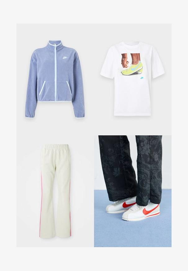 Svetlo vijoličasta flis jakna z visokim ovratnikom, sprednjim zadrgo, dvema žepoma in belimi detajli ob zadrgi in robu. Nike logo na prsih.; Bela bombažna majica s potiskom nog v rumenih Nike kopačkah z modrimi dodatki, dopolnjena z zapestnico na levi roki.; Svetlo bež hlače z elastičnim pasom, ki imajo roza stranske panele in stranske žepe. Gladko teksturo in ravno krojenje.; Bele Nike teniske z rdečimi akcenti, v kombinaciji z črnimi hlačami s cvetličnim vzorcem. Tekstura je gladka z ravnim pletenim podplatom.