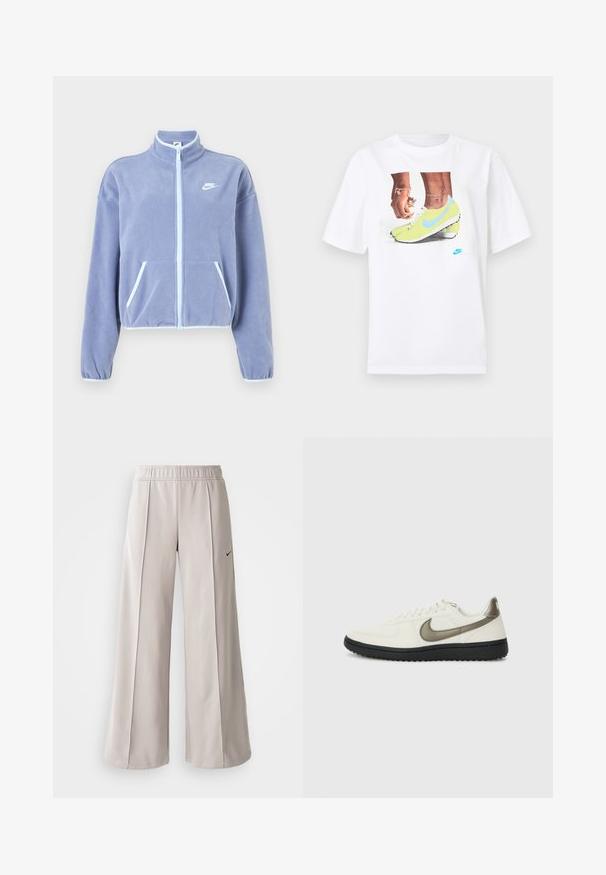 Gaiši purpura vilnas jaka ar augstu apkakli, priekšējo rāvējslēdzēju, divām kabatām un baltu akcentu gar rāvējslēdzēju un apakšu. Nike logo uz krūtīm.; Balts kokvilnas T-krekls ar grafiku, kurā attēloti zili akcentēti dzelteni Nike zābaki un kreisajā rokā valkāta rokassprādze.; Gaiši pelēkas platas bikses, izgatavotas no gludas auduma. Iezīmēta ar elastīgu jostu un melnu Nike logo kreisajā pusē.; Nike Sportswear FIELD GENERAL - Treniņu apavi - off-white/black