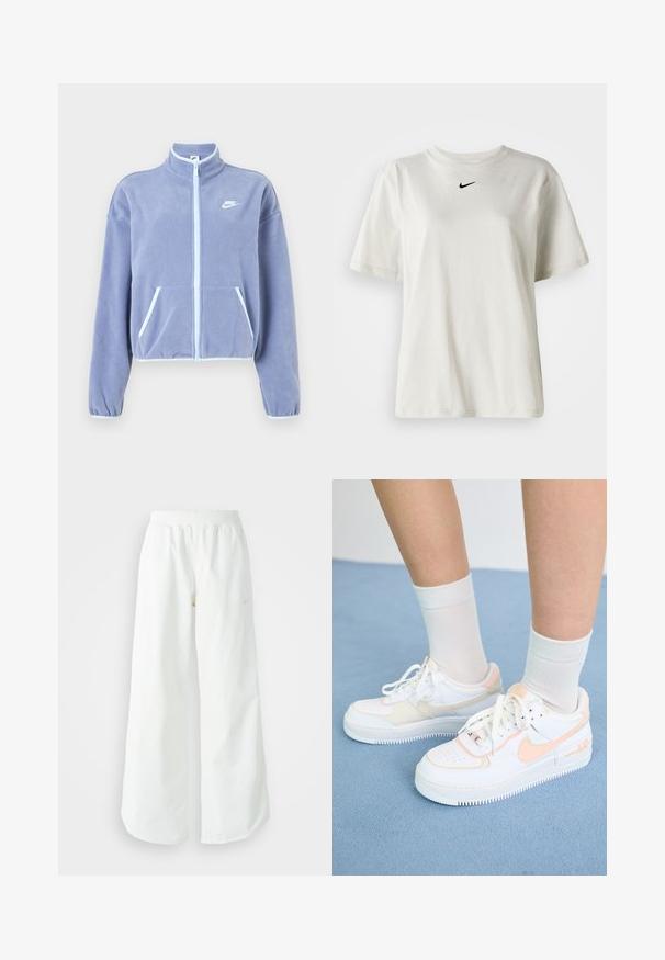 Heledast lillakate fleecemantel kõrge kraega, ees lukk, kaks taskut ja valged aktsendid lukul ja äärel. Nike logo rinnal.; Valge puuvillane T-särk, millel on ümmargune dekoltee ja lühikesed varrukad. Rinnal on väike must Nike logo. Lihtne ja kaunistusteta disain.; Valged laiad spordipüksid, ribadega vöökoht ja diskreetne logosümbol. Sile kangas, lõdvestatud istuvus ja kitsenev ääreosa.; Valged tossud virsiku aktsentidega, siledast nahast ülemine osa, perforatsiooni mustri pool, tekstureeritud talla ja paeltega. Kantud valgete lühikeste sokkidega sinisel pinnal.