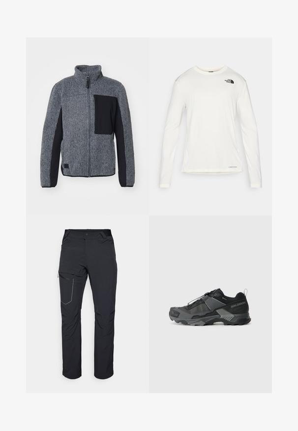 Veste en tricot grise avec un corps texturé, des manches noires et une poche sur la poitrine. Dispose d'un col montant et d'une fermeture éclair à l'avant.; Chemise blanche à manches longues avec un col rond, tissu texturé, logo noir sur l'épaule gauche, et marquage subtil en bas.; Pantalon d'extérieur noir avec poche sur la cuisse zippée, taille élastique et tissu lisse, résistant à l'eau. Design épuré sans logos visibles.; Chaussure de trail running noire avec une tige en mesh durable, une coque de protection renforcée à l'avant, une semelle en caoutchouc texturé et un système de laçage élastique pour un maintien sécurisé.