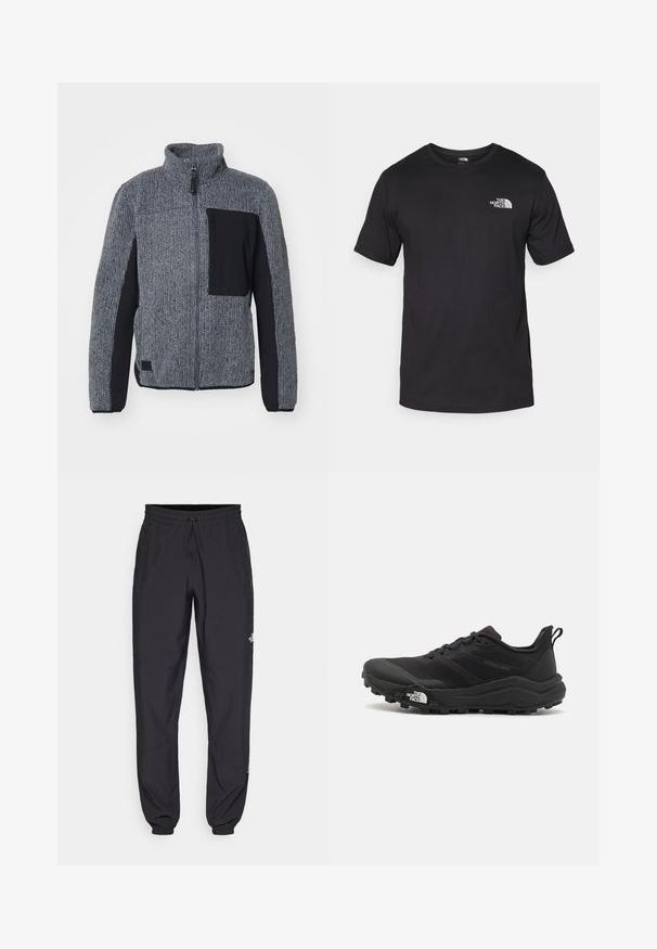 Veste en tricot grise avec un corps texturé, des manches noires et une poche sur la poitrine. Dispose d'un col montant et d'une fermeture éclair à l'avant.; T-shirt noir à manches courtes en coton, avec un col rond et un petit logo blanc sur le côté supérieur gauche de la poitrine.; Pantalon de sport noir en tissu léger, avec une taille à cordon, des poches latérales et des chevilles resserrées.; Chaussure de trail running noire avec une tige texturée, semelle en caoutchouc et bout renforcé. Présente un col rembourré et une tirette pour un enfilage facile.