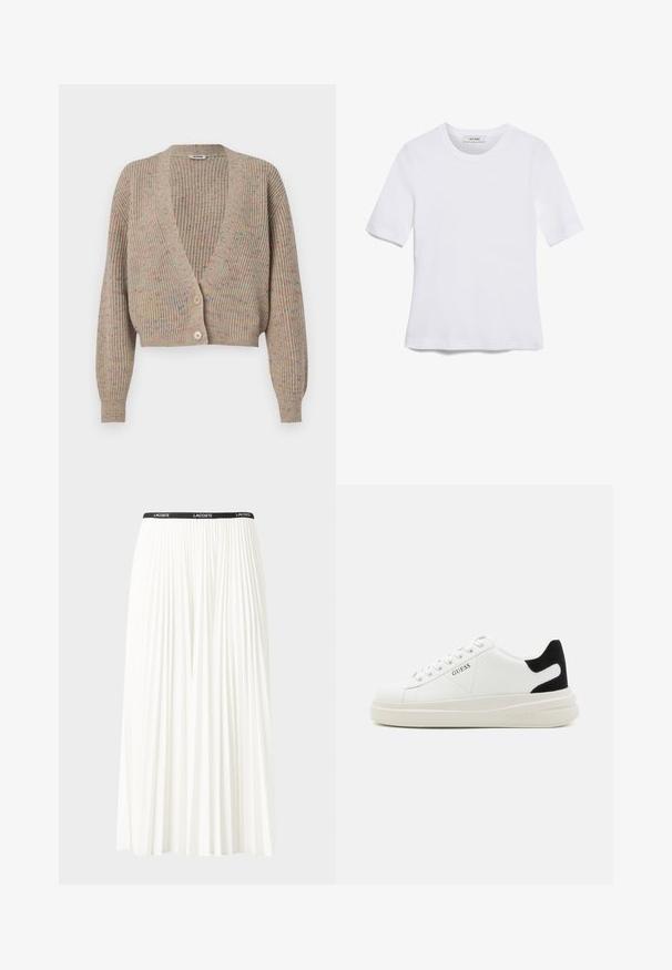 Cardigã beig com textura canelada e um decote V profundo, duas botões grandes e manchas multicoloridas. Design cropped com mangas longas e ajustadas.; T-shirt de manga curta branca feita de tecido canelado. Decote redondo, ajuste regular e detalhes de costura subtis. Sem padrões ou gráficos.; Saia plissada branca com uma cintura elástica preta que apresenta o logótipo "LACOSTE". Design de comprimento médio com textura suave.; Sapatilhas brancas de couro com uma sola branca espessa, detalhe em camurça preta no calcanhar e logótipo em relevo na lateral. Design com atacadores e seis ilhós.