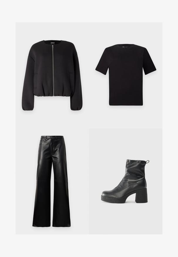ONLY ONLELLIE JACKET - Bomberjacke - black; Schwarzes T-Shirt mit kurzen Ärmeln und Rundhalsausschnitt, aus weichem Baumwollmaterial gefertigt. Schlichtes Design, keine sichtbaren Logos oder Muster.; Schwarze leichte, weit geschnittene, hochtaillierte Kunstlederhose mit vorderem Knopf, Reißverschluss, Gürtelschlaufen und Seitentaschen auf weißem Hintergrund.; Schwarze Stiefeletten aus glattem Leder mit seitlichem Reißverschluss, klobigem strukturiertem Absatz und runder Zehenform.