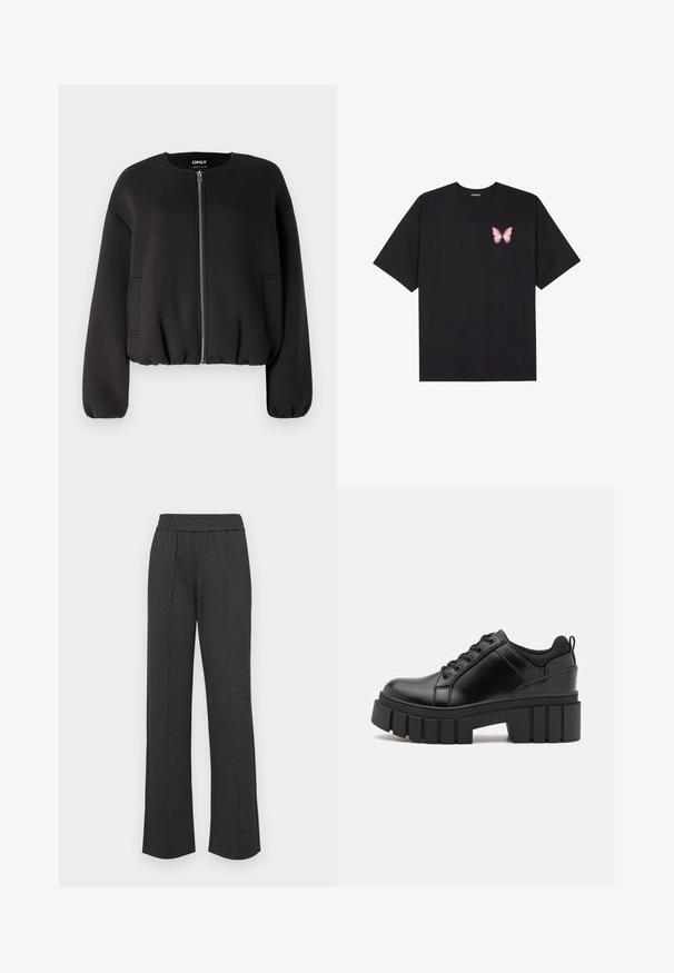 ONLY ONLELLIE JACKET - Blouson Bomber - black; T-shirt en coton noir à manches courtes, avec un petit graphique de papillon rose sur la poitrine gauche. Modèle à col rond avec une coupe décontractée.; Pantalons droits noirs avec une taille élastique, des plis avant, un tissu doux et sans motifs ni détails matériels visibles.; Chaussures à plateforme en cuir noir avec un talon bloc épais, bout rond et un design traditionnel à lacets. Elles présentent une texture lisse et un détail minimal.