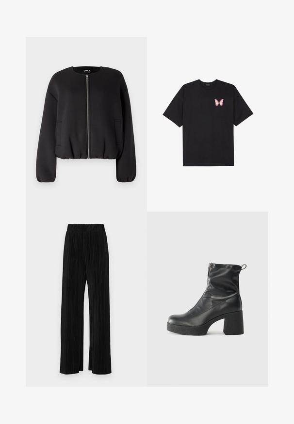 ONLY ONLELLIE JACKET - Bomberjacke - black; Schwarzes Baumwoll-T-Shirt mit kurzen Ärmeln, das ein kleines pinkes Schmetterlingsmotiv auf der linken Brust zeigt. Crewneck-Design mit einem entspannten Schnitt.; Schwarze plissierte Hose mit elastischem Bund. Verfügt über weite Hosenbeine und einen glatten, strukturierten Stoff mit vertikalen Streifen.; Schwarze Stiefeletten aus glattem Leder mit seitlichem Reißverschluss, klobigem strukturiertem Absatz und runder Zehenform.