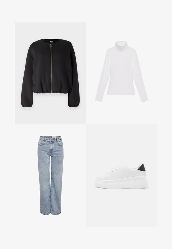 ONLY ONLELLIE JACKET - Bomberjacks - black; Witte lange mouw turtleneck top gemaakt van glad, elastisch materiaal. Voorzien van een hoge kraag en een getailleerd ontwerp, zonder zichtbare patronen of versieringen.; Lichtblauwe wijde jeans gemaakt van denim, met een hoge taille, vijf zakken en subtiele vervaging voor een versleten uitstraling.; Witte platform sneakers van glad synthetisch materiaal, met een afgeronde neus, vetersluiting en een gestructureerde rubberen zool. Zwarte hielaccent.