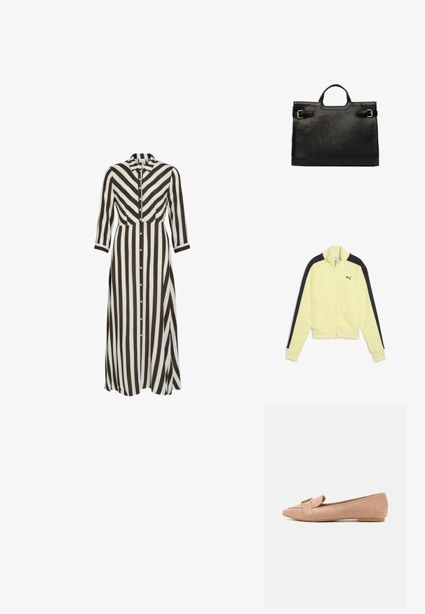 Geel zip-up jack met zwarte zijkleuraccenten, ribgebreide manchetten en een klein zwart logo op de linkerborst. Beschikt over twee voorzakken met rits.; Lange, knoop-up jurk met opvallende bruine en witte verticale strepen. Kraagontwerp, lange mouwen en een vloeiende silhouet.; Roze suède platte schoenen met een puntige neus, voorzien van een gouden hardware accent en een platte rubberen zool voor comfort.; Zwarte leren handtas met een gestructureerd ontwerp, voorzien van twee gouden gespen, dubbele bovenhandvatten en een soepele textuur.
