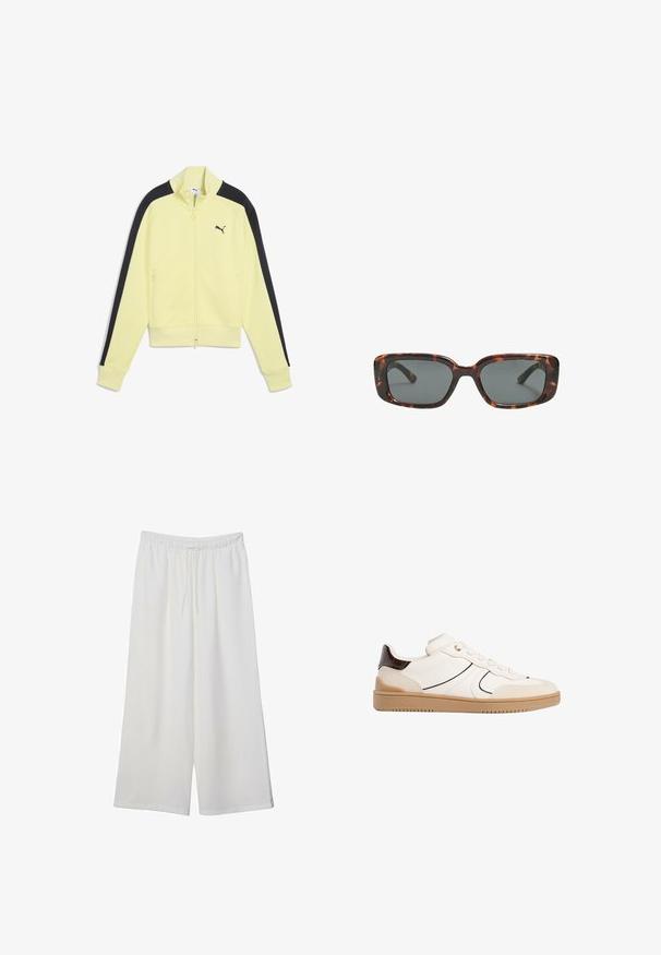 Žuta jakna na patent s crnim bočnim akcentima, rebrastim manžetama i malim crnim logom na lijevoj strani prsa. Ima dva prednja džepa na patent.; Bijela majica kratkih rukava od pamuka. Ima okrugli izrez i opušteni kroj. Glatka tekstura bez vidljivih uzoraka ili naglasaka.; Bijele hlače širokog kroja izrađene od lagane tkanine, s elastičnim pojasom i vezicom za prilagodljivu veličinu. Glatka tekstura.; Stradivarius Tenisice - white; Smešane sunčane naočale s pravokutnim lećama, debelim okvirom i tamnim lećama. Glatka tekstura i minimalistički dizajn.
