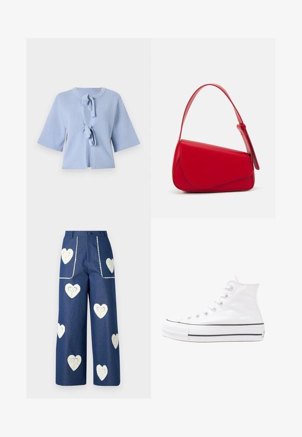 Lichtblauwe gebreide cardigan met korte mouwen, een ronde halslijn en een striksluiting aan de voorkant. Gestructureerde stof met geribbelde details.; Bloes met bloemenprint en lange pofmouwen, lichte crème basis, met paarse, oranje en groene bloemmotieven, en een klassiek kraagontwerp.; Sister Jane HEART TO HEART - Straight leg jeans - blue denim; Witte high-top canvas sneakers met een zwarte rubberen zool, een rubberen neuskap aan de voorkant en zes gaatjes voor veters, met een schone, minimalistische uitstraling.; Rode leren handtas met een hoekig, geometrisch ontwerp. Beschikt over een enkele verstelbare schouderriem en een klepclosure met gestikte details.