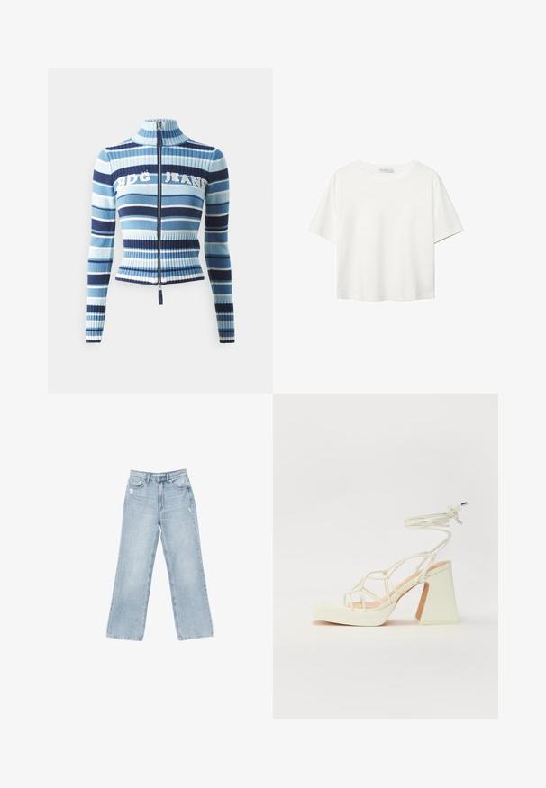 BDG Urban Outfitters - Kardigan; Biała koszulka z krótkim rękawem, wykonana z bawełny. Posiada okrągły dekolt i luźny krój. Gładka faktura bez widocznych wzorów czy akcentów.; Jasnoniebieskie dżinsy o szerokim kroju, z wystrzępieniami, pięcioma kieszeniami oraz zapięciem na zamek błyskawiczny.; Biała sandał na wysokim obcasie z masywnym słupkiem, z paskowym wzorem i wiązaniem przy kostce. Gładka faktura z platformą z przodu dla dodatkowej wysokości.