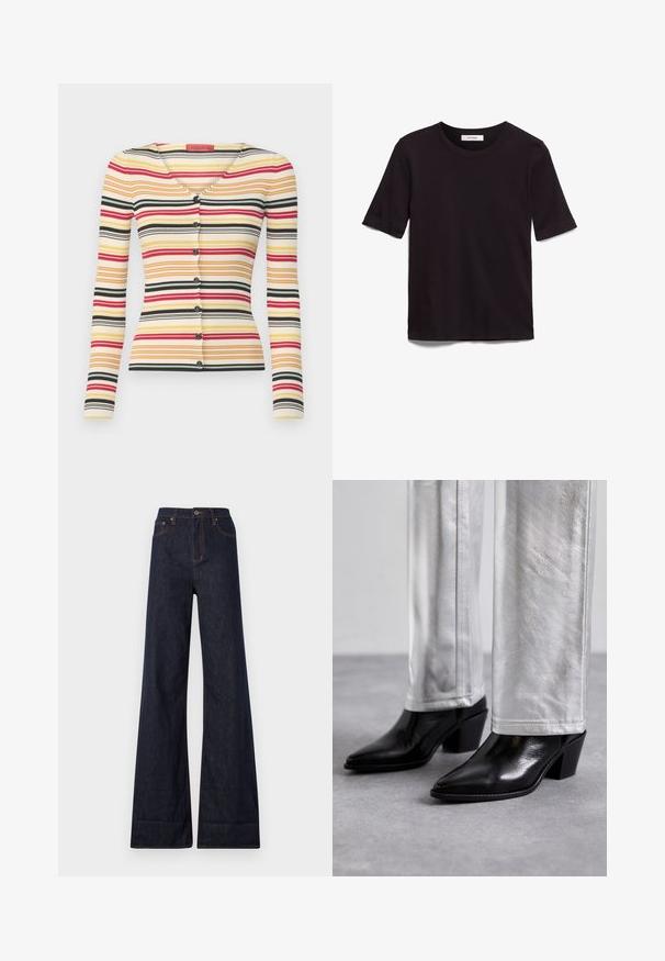 Cardigan à manches longues côtelé avec des rayures horizontales multicolores en rouge, jaune, noir et blanc, avec un col en V et six boutons sur le devant.; T-shirt noir à manches courtes en coton doux, avec un col rond et une texture lisse et uniforme, au design minimaliste.; Ksubi STRIDER CUFF ORIGINAL - Wide Leg - blue denim; Bottes noires en cuir à talon carré et bout pointu, associées à un pantalon argenté brillant, mettant en valeur des textures épurées et des couleurs contrastées.