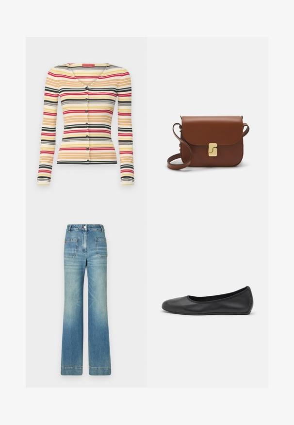 Rebrasti kardigan dugih rukava s višebojnim horizontalnim prugama u crvenoj, žutoj, crnoj i bijeloj boji, s V-izrezom i šest dugmadi sprijeda.; Dugi rukav bijela majica od rebrastog pamuka, s okruglim izrezom i ravnim rubom. Jednostavan dizajn bez uzoraka ili naglasaka.; Svijetloplave traperice s flare krojem, pet džepova, petljama za pojas, zatvaranjem na gumb i blago izblijedjelom teksturom, s detaljem crvenog loga na stražnjoj strani.; Crne kožne baletanke s zaobljenim vrhom, glatke teksture, minimalnim detaljima šavova i fleksibilnim dizajnom potplata.; Smeđa kožna torba s preklopom, zlatnim detaljima, remenom za nošenje preko ramena i glatkom teksturom. Kompaktni pravokutni oblik.