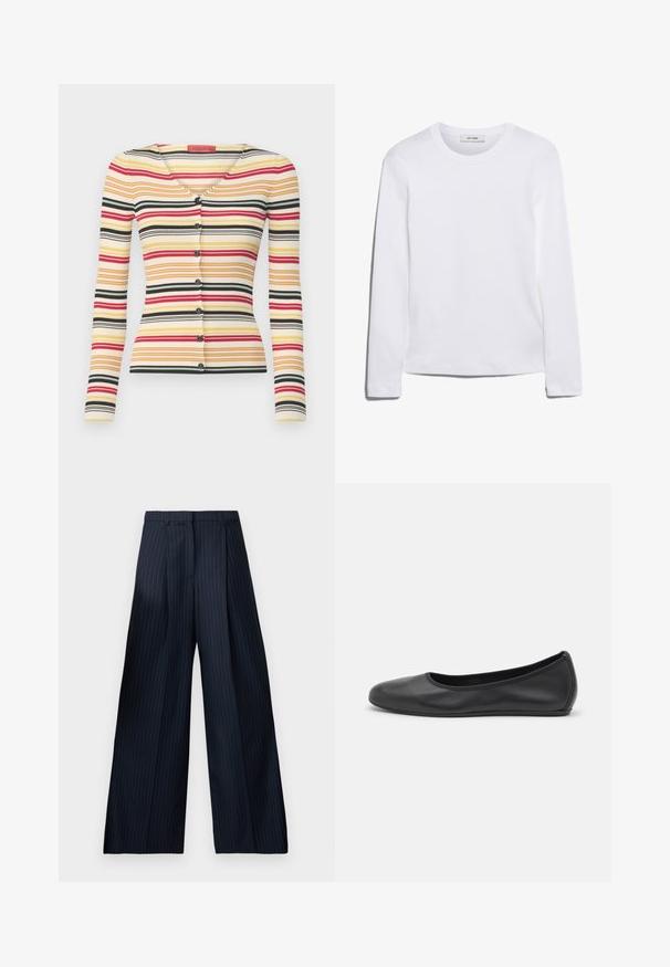 Ribbed long-sleeve cardigan featuring multicolored horizontal stripes in red, yellow, black, and white, with a V-neck and six buttons down the front.; Long-sleeve white T-shirt made of ribbed cotton, featuring a round neckline and a straight hem. Simple design with no patterns or accents.; Navy blue wide-leg trousers made of smooth fabric, featuring a pinstripe pattern, front pleats, and a classic waistband.; Black leather ballet flat with a rounded toe, smooth texture, minimal stitching detail, and a flexible sole design.
