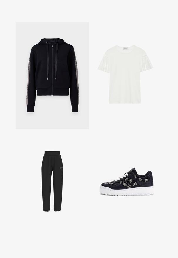 Čierna mikina na zips s kapucňou, dvoma prednými vreckami a dekoračným kovovým akcentom pozdĺž rukávov. Hladká tkanina, ležérny skrátený strih.; Biela tričko s krátkymi, volánovými rukávmi. Vyrobené z mäkkého, hladkého materiálu. Má okrúhly výstrih a decentné detaily šitia.; Čierne tepláky vyrobené z mäkkého materiálu s elastickým pásom a manžetami; na oblasti bedra sa nachádza diskrétny logo.; Tenisky s tmavomodrým koženým zvrškom, bielou gumovou podrážkou, vyšívanými logami a bielymi šnúrkami. Obsahujú polstrovaný golier pre väčšie pohodlie.