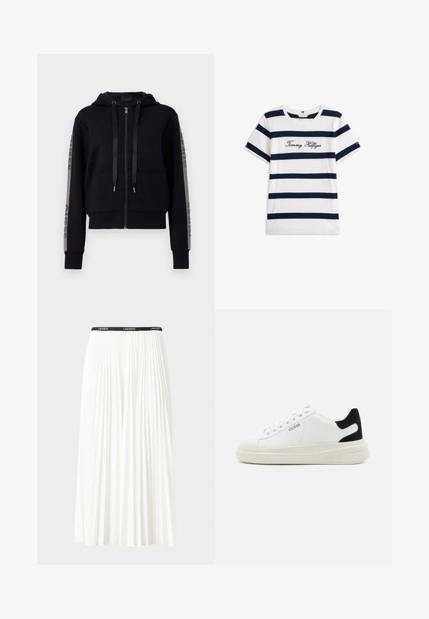 Svart hettejakke med glidelås, to frontlommer og dekorativ metallisk detalj langs ermene. Glatt stoff, avslappet kort design.; Koftet laget av bomull har horisontale marineblå striper på hvit bakgrunn. "Tommy Hilfiger" brodert i kursiv på brystet. Rund hals.; Plissert hvit skjørt med en svart elastisk midje som har "LACOSTE"-logoen. Midjelengde design med myk tekstur.; Hvite lær sneakers med tykk hvit såle, svart semsket hælforsterkning og preget logo på siden. Snøresystem med seks hull.
