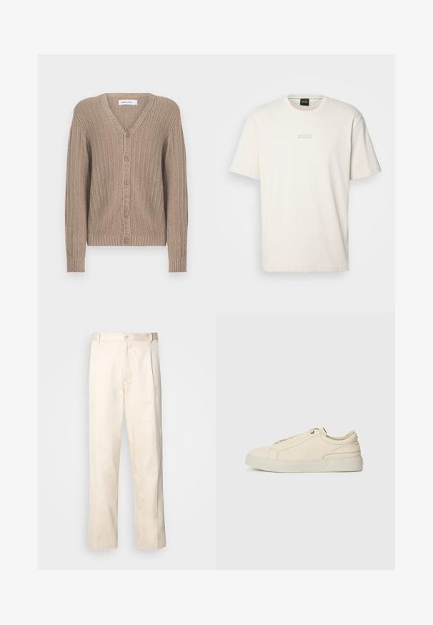 Világosbarna kötött V-nyakú, gombos kardigán. Bordázott textúrával és mandzsettákkal rendelkezik, az elején öt gomb található.; BOSS TEE - Basic póló - open white; Beige pamut nadrág egyenes szárú kivágással, gombos záródással és elülső redőkkel a részletek fokozása érdekében.; Beige bőr sneaker, lekerekített orral, minimalista dizájnal, finom varrási részletekkel és texturált felsőrésszel, világos talpon.