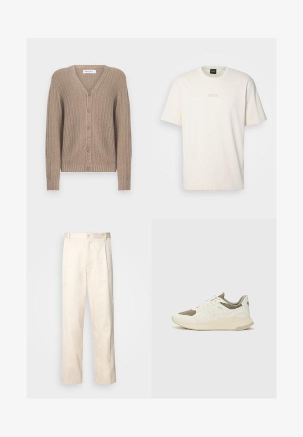 Pulover z V-izrezom in gumbi v svetlo rjavi pletenini. Ima rebrasto teksturo in manšete ter pet gumbov spredaj.; BOSS TEE - Navadna majica - open white; Bež cottone hlače s ravnim krojem, ki imajo gumbasto zapiranje in nabore spredaj za dodatne detajle.; Beli in svetlo bež športni copat, s mrežastim zgornjim delom, perforiranimi detajli in teksturirano srednjim delom z blagovno znamko na peti.