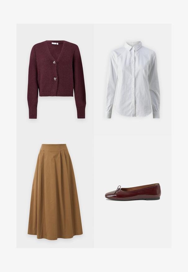 Burgundy neulekardigan med V-hals, lange ermer og to dekorative blomsterformede knapper foran. Kuttet design.; Valkoinen napitettava paita, joka on valmistettu sileästä puuvillasta. Paidassa on klassinen kaulus, pitkät hihat ja kaareva helma. Nappien koko on pieni ja ne ovat valkoiset.; Ruskea puuvillainen A-linjainen hame korkealla vyötäröllä, jossa on laskokset edessä ja sileä pinta. Helma on viimeistelty siististi ja yksinkertaisesti.; Burgundin värinen lakattu nahkainen ballerinatossu pyöreällä varvaskärjellä, pienen nauhan yksityiskohdalla edessä ja matalalla mustalla kumipohjalla. Sujuva pinta.