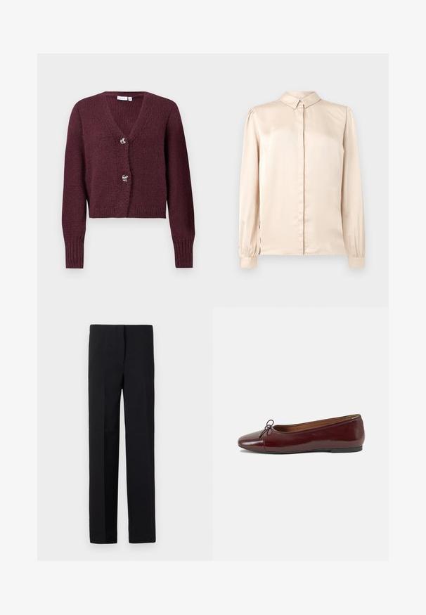 Burgundy knitted cardigan with a V-neck, long sleeves, and two decorative flower-shaped buttons at the front. Cropped design.; Beige satin long-sleeve shirt with button-down collar, front placket, and gathered puff sleeves at the cuffs. Smooth, glossy texture.; Black tailored trousers with a straight cut, featuring a smooth texture and no visible patterns. Standard waistband and a clean finish.; Burgundy patent leather ballet flat with a rounded toe, small bow accent at the front, and a low, black rubber sole. Smooth texture.