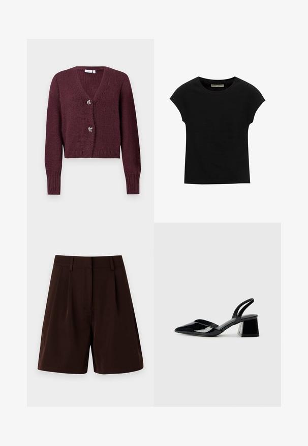 Burgundski pleteni kardigan z V-izrezom, dolgimi rokavi in dvema okrasnima gumboma v obliki cvetov spredaj. Skrajšana zasnova.; Črna kratka majica s kratkimi rokavi in okroglim izrezom. Iz gladke, raztegljive bombažne tkanine. Preprost dizajn brez vzorcev ali grafike.; Brazdaste kratke hlače z oblikovanim dizajnom in pregibi, izdelane iz gladkega materiala. Dopolnjene z pasom in brez vidnih žepov.; Črne lakirane slingback pete s koničastim nosom in geometrijsko blokasto peto. Imajo eleganten, minimalističen dizajn in gladko teksturo.