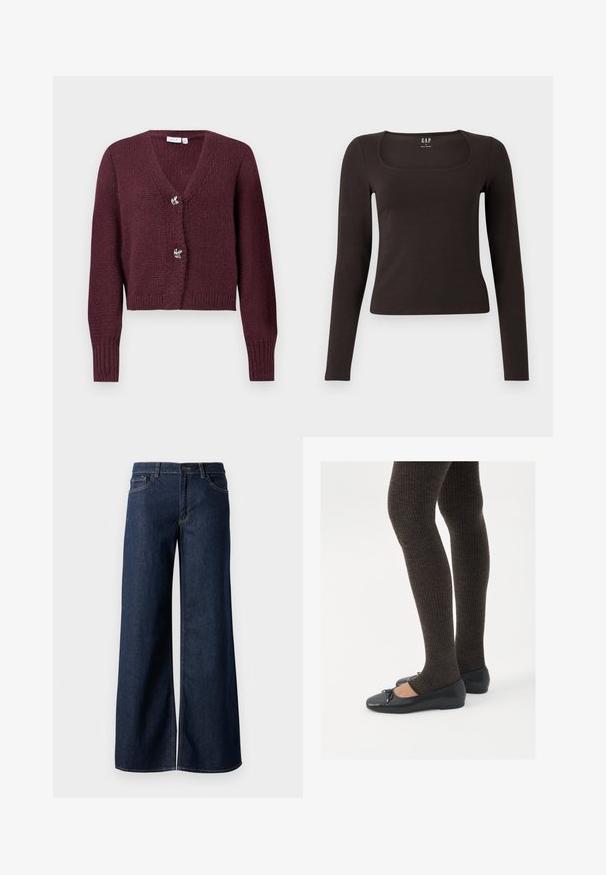 Burgundska pletena kardiganica s V-izrezom, dugim rukavima i dva dekorativna gumba u obliku cvijeta sprijeda. Skraćeni kroj.; Crna majica dugih rukava, uskog kroja s kvadratnim izrezom, označena s GAP, prikazana na bijeloj pozadini.; Široke traperice u tamnoplavoj denim boji. Sadrže kontrastno šivanje, pet džepova i kopčanje na dugme u struku. Glatka tekstura.; Crne ravne cipele s malim mašnom na vrhu prstiju, uparene s tamnosmešnim rebrovanim čarapama. Cipele imaju glatku teksturu i nizak profil.