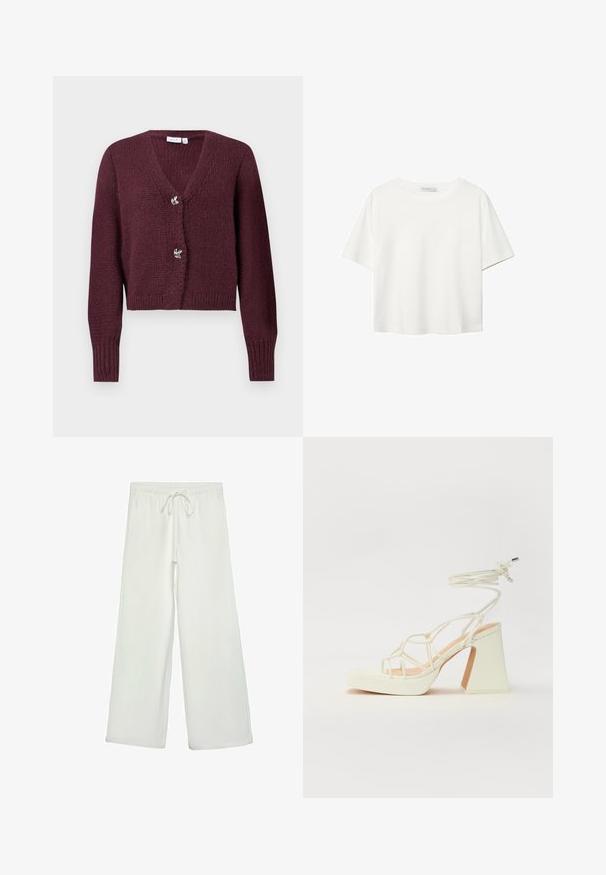 Burgundski pleteni kardigan z V-izrezom, dolgimi rokavi in dvema okrasnima gumboma v obliki cvetov spredaj. Skrajšana zasnova.; Bela kratka majica s kratkimi rokavi iz bombaža. Ima okroglo izrezovanje in sproščen kroj. Gladka tekstura brez vidnih vzorcev ali poudarkov.; Bele široke hlače iz mehkega blaga. Imajo elastičen pas s vrvico in gladko teksturo. Brez vidnih vzorcev ali kovinskih delov.; Bela sandala na visokih petah s debelim petam, ki ima obliko trakcev in vezanje okoli gležnja. Gladka tekstura z platformo spredaj za dodatno višino.