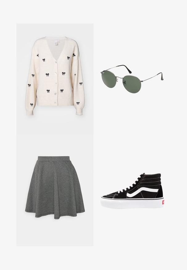 YAS EMBROIDED - Cardigan - birch; Two sleeveless tops in black and white, made of ribbed cotton, featuring round necklines and a fitted design. Labels visible on both.; Black and white checkered skater skirt with a fitted waistband and flared hem, made of textured fabric displaying a classic pattern.; Black high-top sneakers with white laces, a white logo, and contrasting white stitching. Features a thick white sole and textured suede upper.; Metal-framed sunglasses with oval green lenses. Thin silver metal frame and black ear tips. Minimalist design, no visible logos.