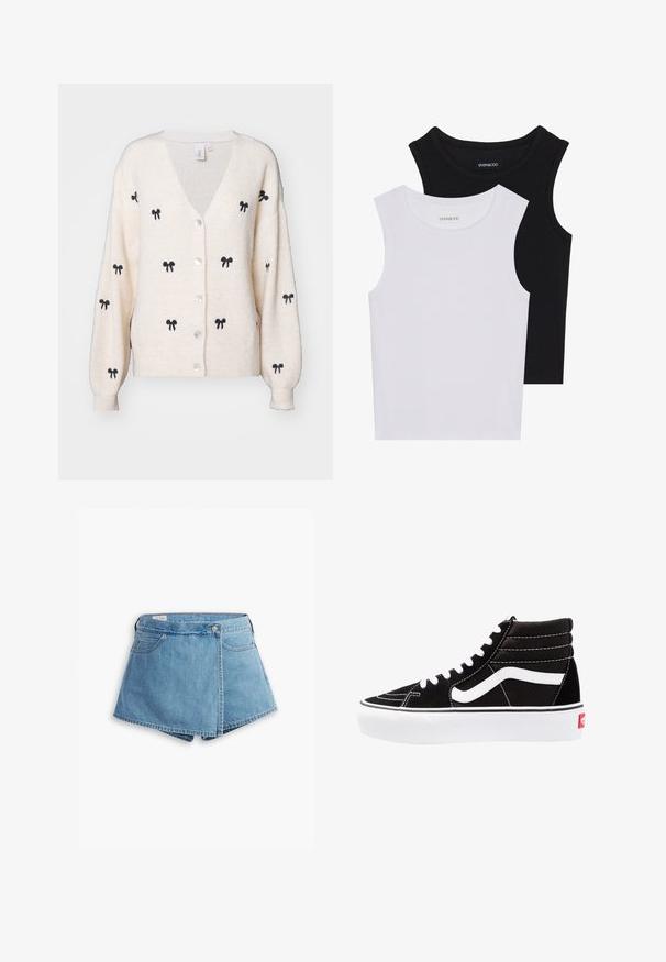 YAS EMBROIDED - Adīta jaka - birch; Divas bez piedurknēm melnbaltā krāsā, izgatavotas no ribotu kokvilnas, ar apaļām kakla izgriezumiem un pieguļošu dizainu. Uz abām ir redzami etiķetes.; Gaiši zili džinsu šorti ar aptverošu dizainu, priekšējām kabatām un metāla pogu aizdari. Gluda tekstūra ar izšūtām malām.; Melnas augstās kedas ar baltām šņorēm, baltu logo un kontrastējošu baltu dūrienu. Iemīlda bieza balta zole un teksturēts zamšāda augšdaļa.