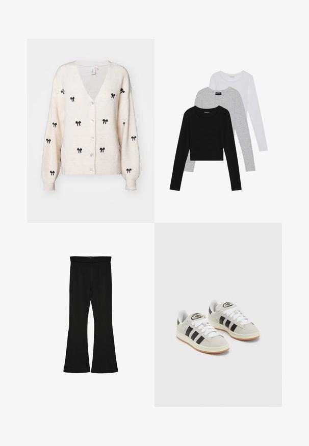 YAS - Kardigan; Trzy bluzki z długim rękawem ułożone jedna na drugiej: czarna, szara i biała. Każda z okrągłym dekoltem i skróconym fasonem, wykonana z gładkiego, lekkiego materiału.; Czarne legginsy w stylu dzwonów wykonane z elastycznej tkaniny. Posiadają szeroki pas i gładką teksturę, z dopasowanym krojem, który rozszerza się ku dołowi.; Szare zamszowe trampki z białymi sznurówkami, czarnymi paskami i białą gumową podeszwą. Posiadają okrągłe logo na języku oraz gumową podeszwę.