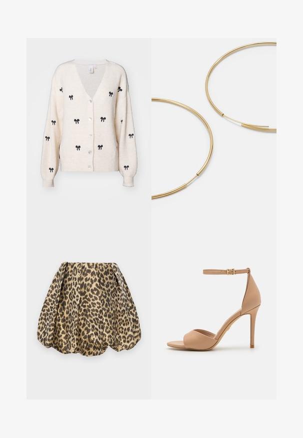 YAS EMBROIDED - Kardigán - birch; Tričko bez rukávov v mätovej zelenej, čiernej a béžovej farbe; vyrobené z rebrovanej tkaniny s okrúhlym výstrihom. Viditeľná značka značky.; Sister Jane LOLA SKIRT - sukňa v tvare A - tan; ALDO CRERIDE PILLOW WALK - Sandále - beige; Zlaté kruhové náušnice, tenké a okrúhleho tvaru, s hladkým kovovým povrchom a bez ozdôb alebo vzorov.