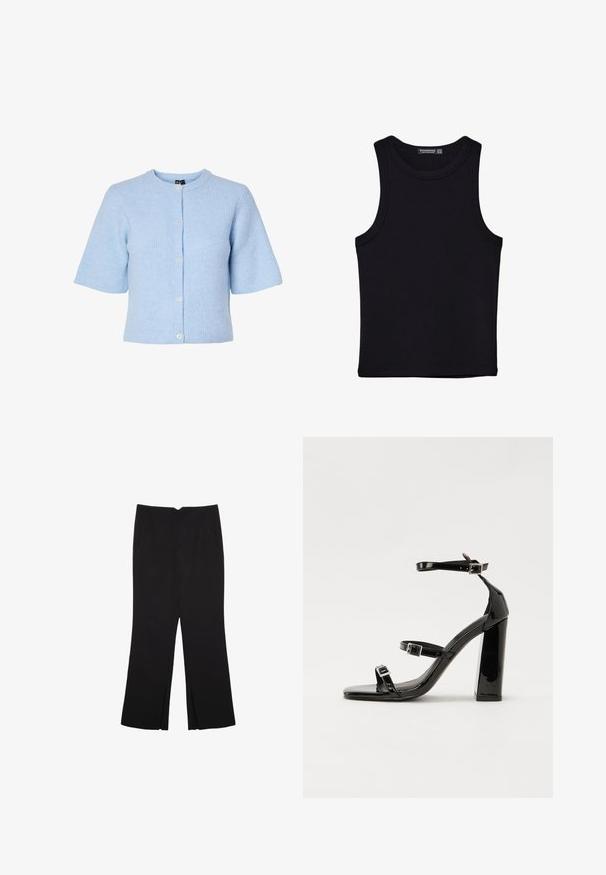 Jasnoniebieski kardigan z krótkim rękawem wykonany z prążkowanego materiału, z okrągłym dekoltem i pięcioma guzikami z przodu.; Czarny top na ramionczkach wykonany z bawełny, z okrągłym dekoltem i szerokimi wycięciami na ramionach. Gładka tekstura z przeszytymi brzegami. Klasyczny, minimalistyczny design.; Czarne spodnie o prostym kroju, z przednimi kieszeniami i bocznymi rozcięciami na dole. Wykonane z miękkiego, gładkiego materiału. Odpowiednie na różne okazje.; Czarne lakierowane sandały na wysokim obcasie, z dwoma paskami zapinanymi na klamry, kwadratowy nosek i masywny obcas typu słupek, o gładkiej, błyszczącej fakturze.