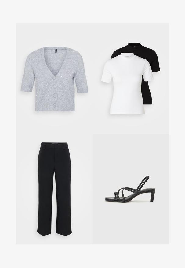 Šviesiai pilkas cardigan'as su trumpomis rankovėmis, V formos kaklu, priekyje mygtukais ir puošniais perlais bei deimantais. Minkšta mezginio tekstūra.; Even&Odd Petite 2 PACK - Paprasti marškinėliai - white/black; Juodi plačių kojų kelnių dizainas su lygiu paviršiumi, plokščiu juosmeniu ir šoniniais kišenėmis, sukurtas minimalistinės estetikos.; Juodi šlepetės su kvadratiniu pirštu ir žemu bloku kulnu. Yra keli ploni dirželiai ir reguliuojamas kulkšnies diržas. Pagaminti iš lygios odos.
