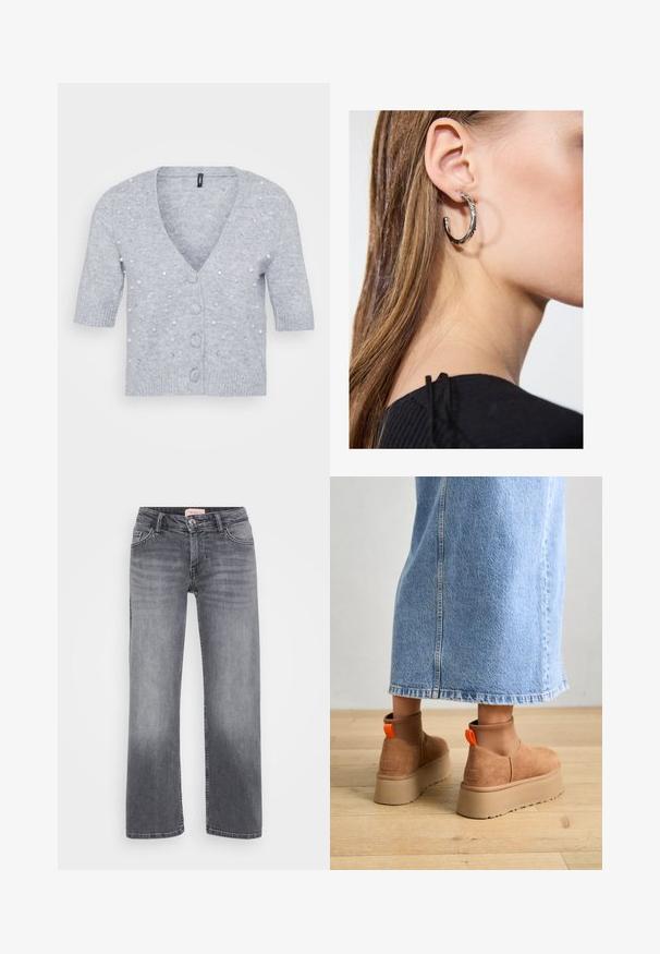 Heled hall kardigan lühikeste varrukatega, V-dekoltee, ees nupud ja kaunistatud helmed ja sädeleva kristalliga. Pehme kudumise tekstuur.; Even&Odd Petite 2 PACK - Topp - light grey/black; Halli teksad otste kujundusega, viie taskuga stiil, kerge pleekimisega ja nööpkinnipeaga vöökoht.; Pruunid nahatooted platvormikontsad elastsete külgpaneelidega ja oranžide tõmbetuttidega, koos puusani ulatuva heleda denim-seelikuga puidust põrandal.; Hõbedane rõngas kõrvarõngas poleeritud viimistlusega, millel on väikesed kuldsed aktsendid ja ümmargune kuju, kantud lobus.