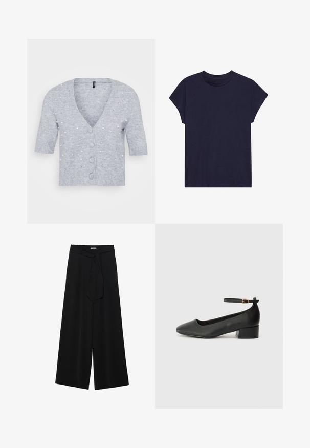 Cardigã cinza claro com mangas curtas, decote em V, botões na frente e adornado com detalhes de pérolas e strass. Textura de malha suave.; T-shirt de algodão azul-marinho com um decote redondo e mangas curtas, apresentando um corte descontraído e uma textura suave. Sem padrões ou detalhes.; Calças largas pretas com um tecido texturizado, uma cintura elástica e um laço destacável na cintura para um ajuste ajustável.; Sandal de pele preta com bico pontiagudo e um salto bloco baixo. Apresenta uma tira no tornozelo com uma fivela em tom dourado. Textura suave.