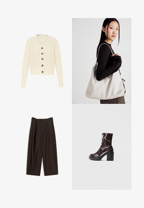 Kremno barvana pletena jopica z V-izrezom in šestimi rjavimi gumbi spredaj. Krojeni manšeti in pas, ki imata teksturiran vzorec.; Rjav, dolgosleeve rebrasti zgornji del s krožnim izrezom. Narejen iz gladkega, raztegljivega materiala, z oprijetim silhuetom in minimalnimi detajli.; Temno rjave široke hlače z visokim pasom, ki imajo en gumb za zapiranje in zamaščen sprednji del. Narejene so iz lahkega blaga.; Sijajan škrlatank z bleščečim videzom, z masivnim črnim peto, ki se ponaša z gladko teksturo in preprostim dizajnom. Brez vidnih zapenjal ali vzorcev.; Bežna torbica iz mehkega materiala, z ohlapno zasnovo, šivi in dvema naramnicama. Primerna za vsakodnevno uporabo.