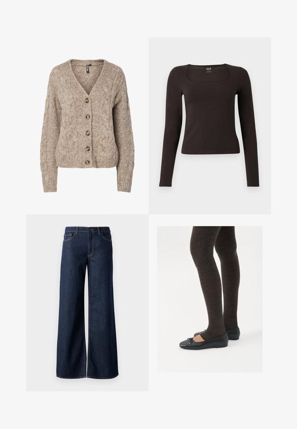 Bež pletena jopica z v-izrezom, zapenjanjem na gumbe in rebrastimi manšetami. Ima šest rjavih gumbov in teksturirano tkanino.; Črn dolg rokav, prilegajoča majica s kvadratnim izrezom, označena z GAP, prikazana na belem ozadju.; Široke hlače iz temnega modrega denima. Imajo kontrastno šivanje, pet žepov in gumbasto zapiranje v pasu. Gladka tekstura.; Črne ravne čevlje z majhnim lokom na prstih, v kombinaciji s temno rjavimi rebrastimi nogavicami. Čevlji imajo gladko teksturo in nizko obliko.