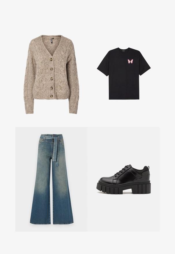 Beežist soonikkoes kardigan, millel on V-kaelus, nööbitav esikülg ja soonikkoes varrukaotsad. Omab kuut pruuni nööpi ja tekstuurset kangast.; Must muströöpidega must puuvillane T-särk, vasakul rinnal on väike roosa liblikas. Ümar kaelus ja vabalt istuv lõige.; Laiad denimpüksid, millel on hele tume sinine gradiendiefekt, kõrge vöökoht, vöökumlid ja sobivast kangast vöö. Struktureeritud denimi viimistlus.; Must musta platvormsussid paksu plokkninal, ümmarguse varbaga ja traditsioonilise nööridega kinnitamisega. Sussid on sileda tekstuuriga ja minimaalsete detailidega.