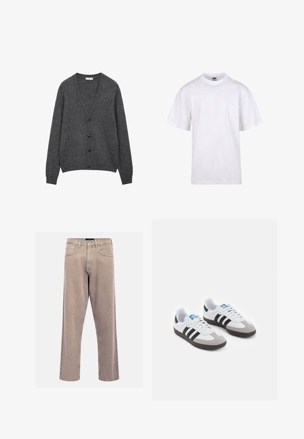 Šedý kardigan vyrobený z texturované pleteniny. V-šíjový výstřih se šesti černými knoflíky vpředu. Hranaté manžety a lem.; Bílé bavlněné tričko s kulatým výstřihem, krátkými rukávy a volným střihem. Má jednoduchý design bez vzorů nebo akcentů.; Beige džíny rovného střihu vyrobené z denimu, s klasickým designem pěti kapes, prošitými akcenty a čistým zakončením nohavic.; Sportovní boty s bílým koženým svrškem, šedou semišovou špičkou a třemi černými pruhy. Obsahují modré logo na jazyku a texturovanou gumovou podrážku.