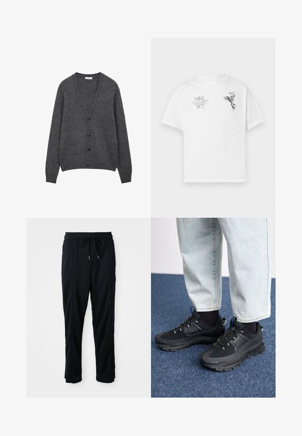 Grijze cardigan van gestructureerde brei stof. V-hals met zes zwarte knopen aan de voorkant. Geribbelde manchetten en onderrand.; Witte katoenen t-shirt met een zwarte grafische print van een gevleugeld figuur en tekst, met een ronde hals en korte mouwen.; Zwarte casual broek met koord in de taille, met zijzakken en rechte pijpen op een effen achtergrond.; Zwarte sportschoenen met gestructureerde stof en rubberen zolen, met elastische veters en een blauwe accent op de hiel. Draag samen met lichte spijkerbroeken.