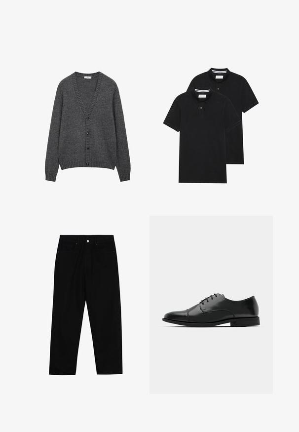 Grau Kardigan aus strukturiertem Strickstoff. V-Ausschnitt mit sechs schwarzen Knöpfen auf der Vorderseite. Gerippte Bündchen und Saum.; Zwei schwarze Polohemden, kurzärmlig, aus Baumwolle, mit einem klassischen Kragen, zwei Knöpfen und weißen Streifenakzenten im Inneren des Kragens.; Schwarze Jeans mit geradem Schnitt, Fünf-Taschen-Design und einem vorderen Knopfverschluss. Glatte Textur mit minimalen Nähten.; Schwarzer Leder-Dieerschuh mit runder Zehenform, Schnürdesign, dezenten Nähdetails und niedrigem Absatz. Glatte Textur mit polierter Oberfläche.