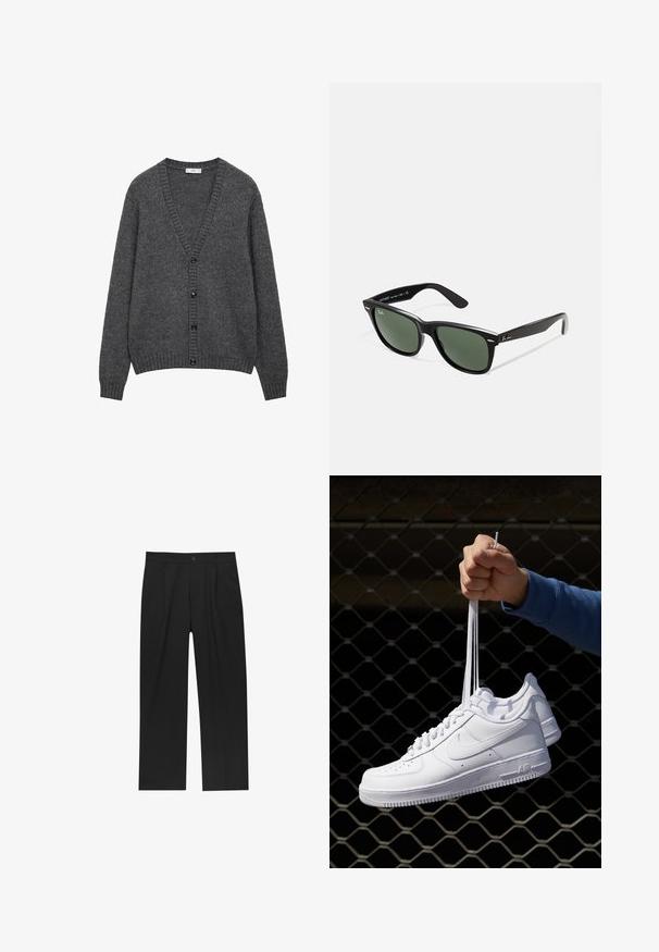 Grau Kardigan aus strukturiertem Strickstoff. V-Ausschnitt mit sechs schwarzen Knöpfen auf der Vorderseite. Gerippte Bündchen und Saum.; Schwarzes T-Shirt mit kurzen Ärmeln aus Baumwolle, mit Rundhalsausschnitt und einem kleinen, auf der Brust gestickten Logo. Glatte Textur, normale Passform.; Schwarze Hose mit geradem Schnitt, aus einem glatten Stoff gefertigt. Verfügt über Vorderfalten und einen einzelnen Knopfverschluss an der Taille.; Weiße Leder-Sneaker mit Perforationen, runder Zehenpartie, flacher Sohle und dicken Schnürsenkeln, mit sichtbar eingesticktem Swoosh-Logo und "AIR" an der Ferse.; Schwarze Plastiksonnenbrille mit grünen Gläsern, quadratischen Rahmen, silbernem Akzent auf der Augenbraue und strukturierten Bügeln. Angegebene Marke auf dem inneren Bügel.