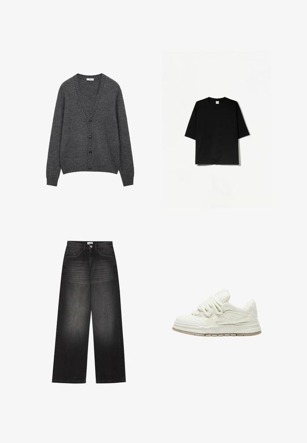 Šedý kardigán vyrobený z texturovaného pleteného materiálu. Hluboký výstřih do V s šiestimi černými gombíkmi vpredu. Žebrované manžety a lem.; Čierne tričko s krátkym rukávom a okrúhlym výstrihom, vyrobené z mäkkého materiálu, s voľným, štvorcovým strihom a minimalistickým dizajnom.; YOURTURN UNISEX - Džínsy baggy - black denim; Biele tenisky s textúrovaným povrchom a výraznými šnúrkami. Majú hrubú, viacvrstvovú pätu a jemné dizajnové akcenty na stranách.