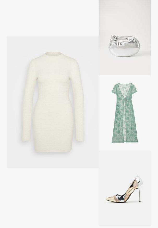 Lång, grön blommig spetsöverdrag med korta ärmar, djup V-ringning och knytning i midjan. Lätt och semi-transparent textur.; Långärmad klänning i mjukt, texturerat vitt tyg; åtsittande silhuett med rundhalsning och slät yta, som sträcker sig ner till midjan.; Spetsig tå högklackad sko med en färgpalett av silver, guld och nude. Glansig yta med utskärningsdesign, utrustad med en stilettklack.; Silverfärgad metallisk påse med en mjuk, rundad form och en knutstängning upptill. Tillverkad av ett mjukt material i konstläder.