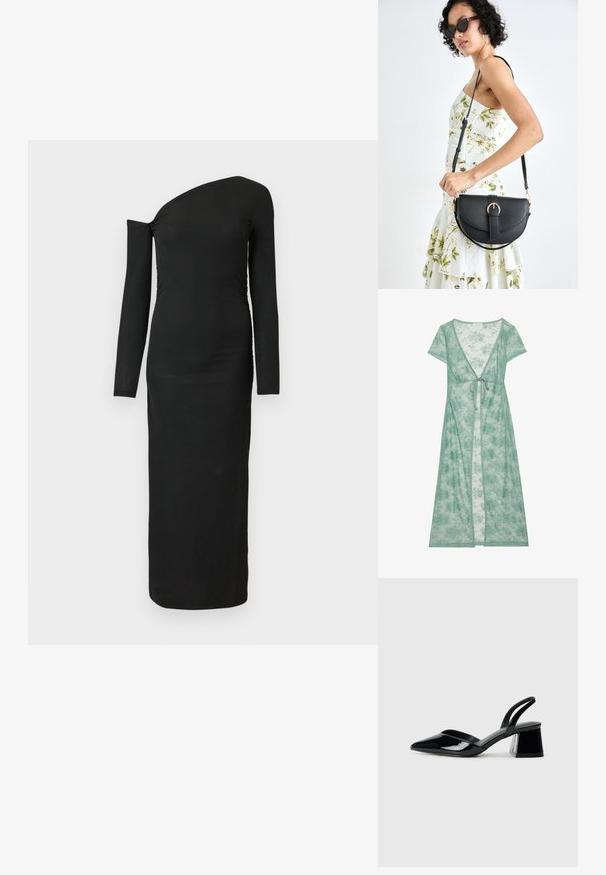 Dugi, zeleni čipkasti lažni kimono s kratkim rukavima, dubokim V-izrezom i vezanjem u struku. Lagana i polu-prozirna tekstura.; Crna, tijelu prianjajuća haljina dugih rukava s asimetričnim izrezom i nabranim detaljem sa strane, izrađena od rebraste tkanine.; Crne lakirane kožne sandale s otvorenom petom i špicastim vrhom, s geometrijskom blok petom. Imaju elegantan, minimalistički dizajn i glatku teksturu.; Crna kožna torba s lukovitim oblikom, odvojivim remenom i zlatnim detaljima. Torba ima preklop s kopčom.